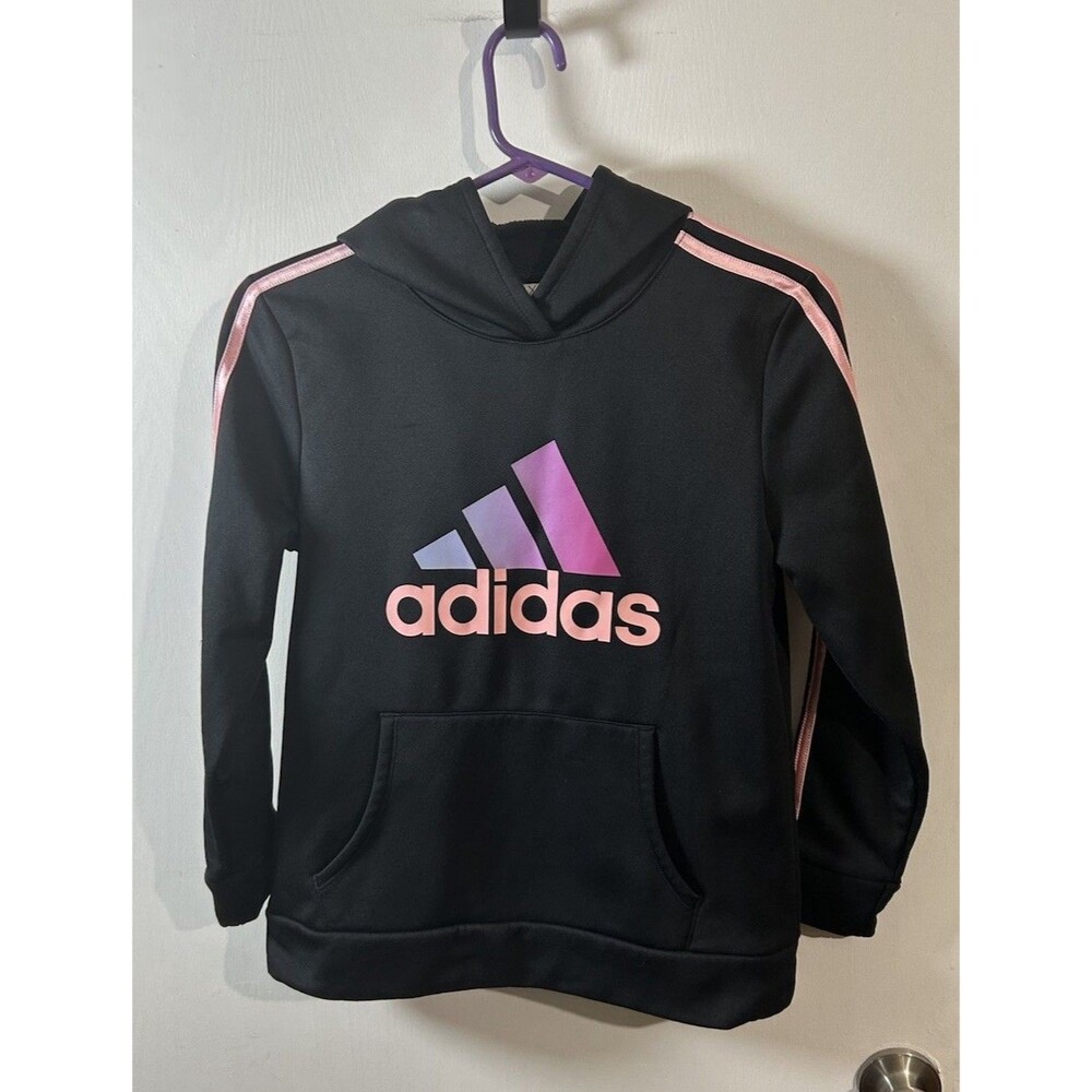 adidas Girls XL Black Pullover Fleece Hoodie w/ Pockets Pink 3-Stripes Logo